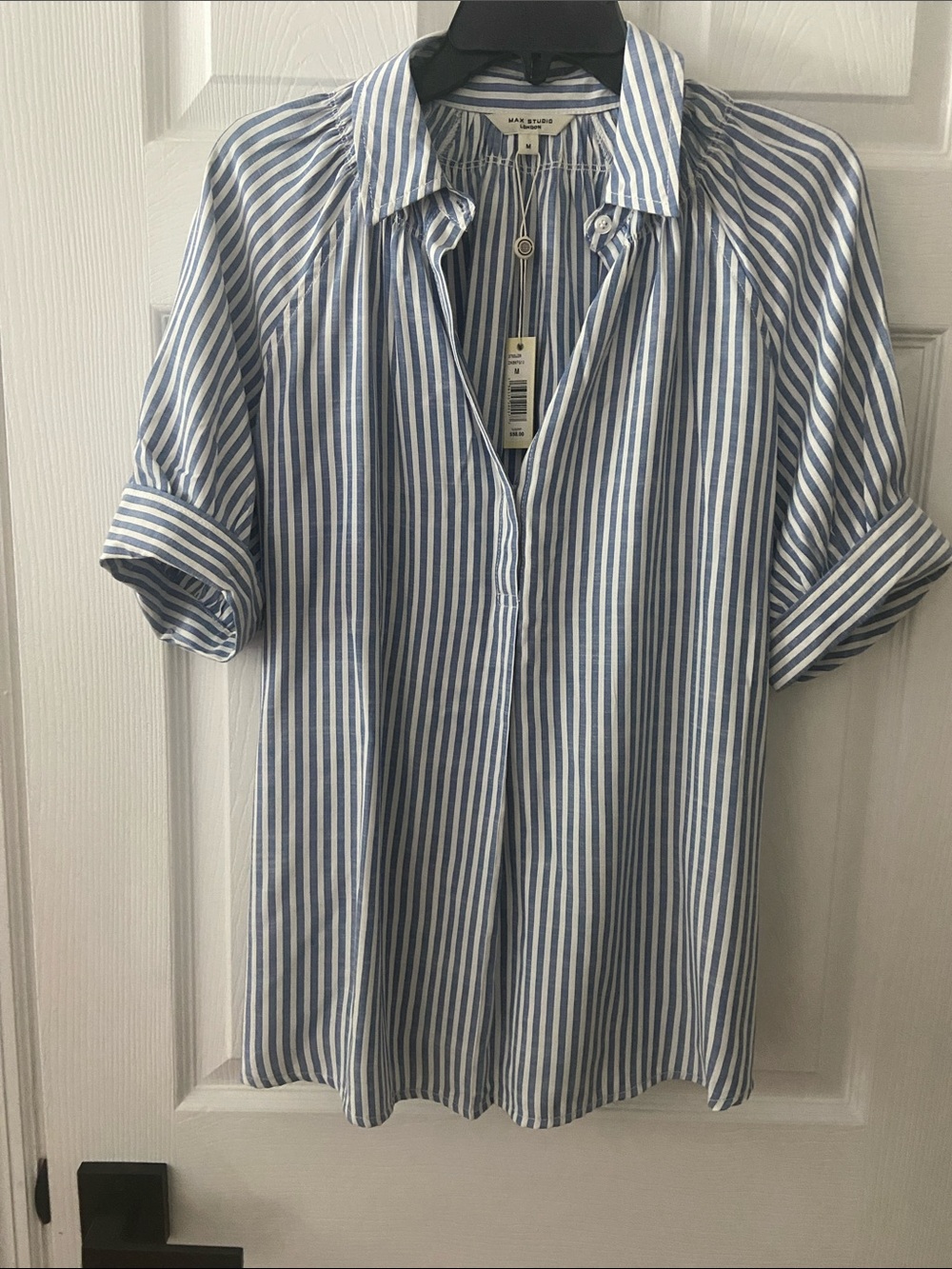 Max Studio Blue and White Striped Button-Front Women's Shirt